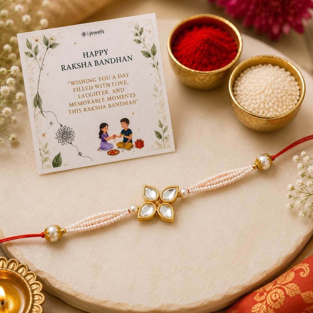 Beautiful Kundan & Pearl Rakhi with Roli Chawal & Card