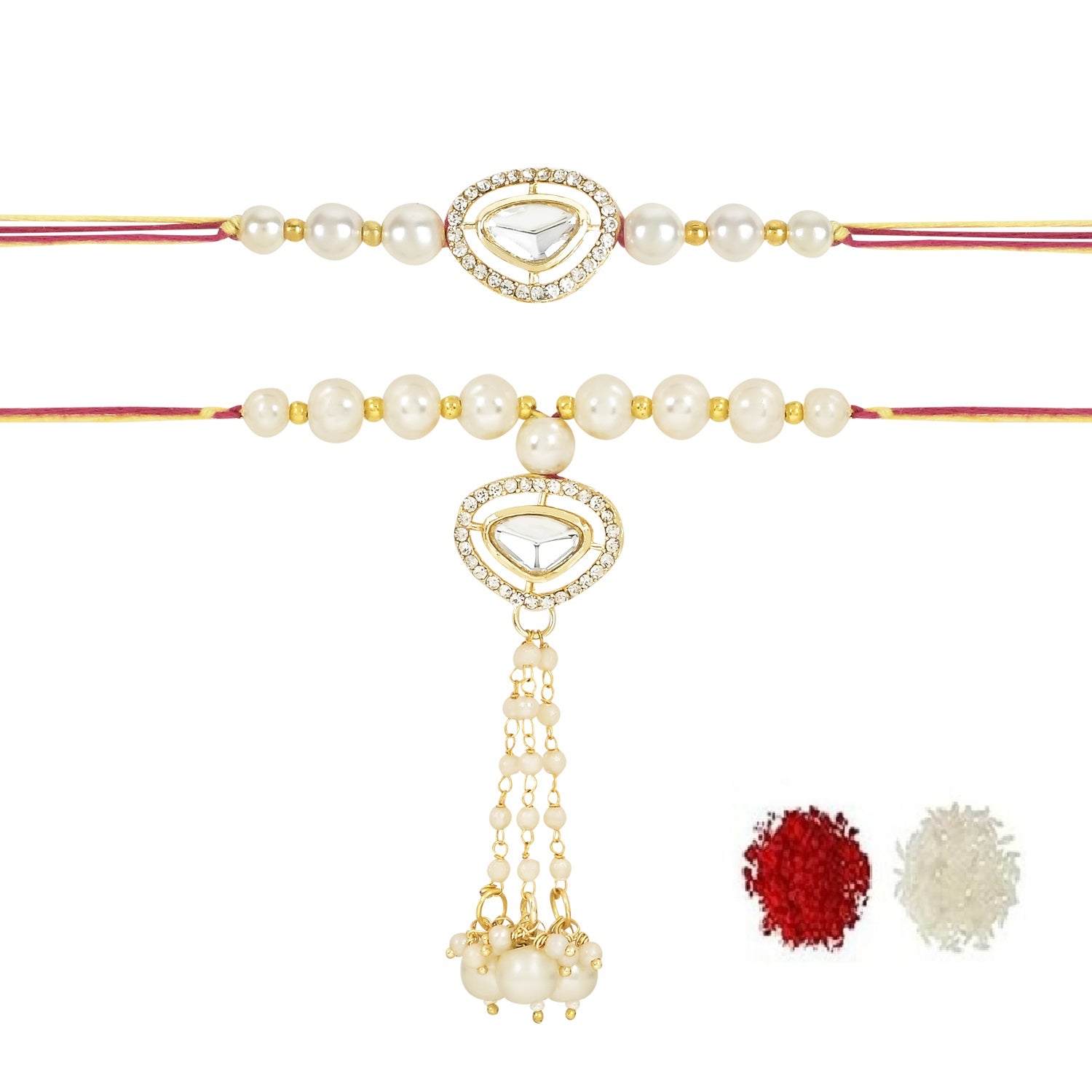 Elegant Bhaiya Bhabhi Lumba & Pearl Rakhi With Roli Chawal & Card
