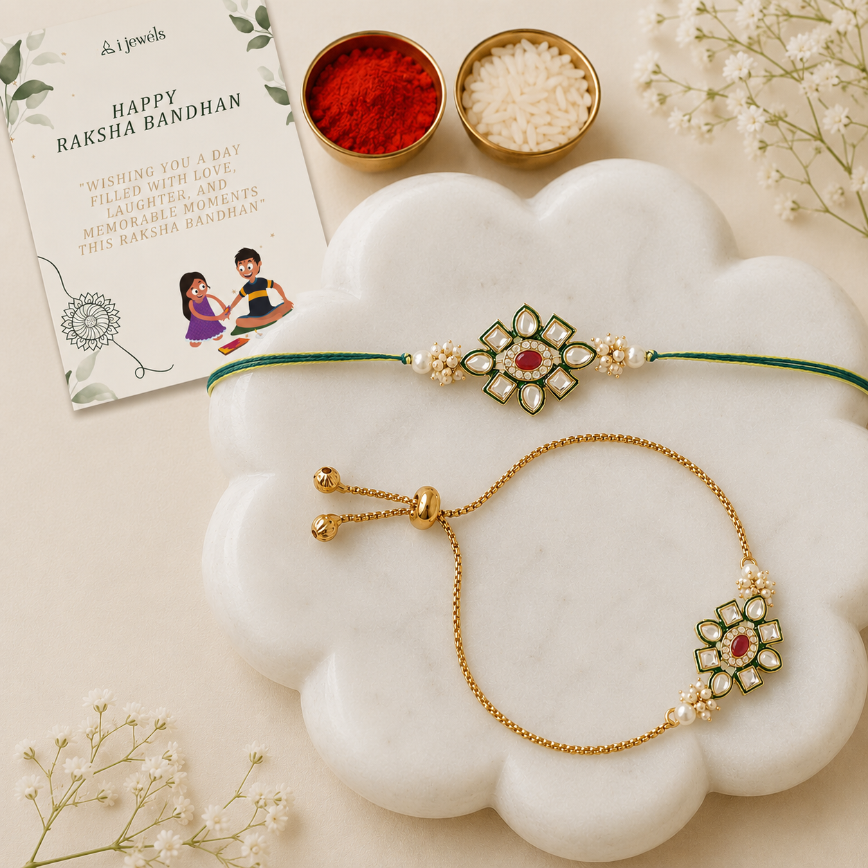 Elegant Bhaiya Bhabhi Lumba & Pearl Rakhi With Roli Chawal & Card