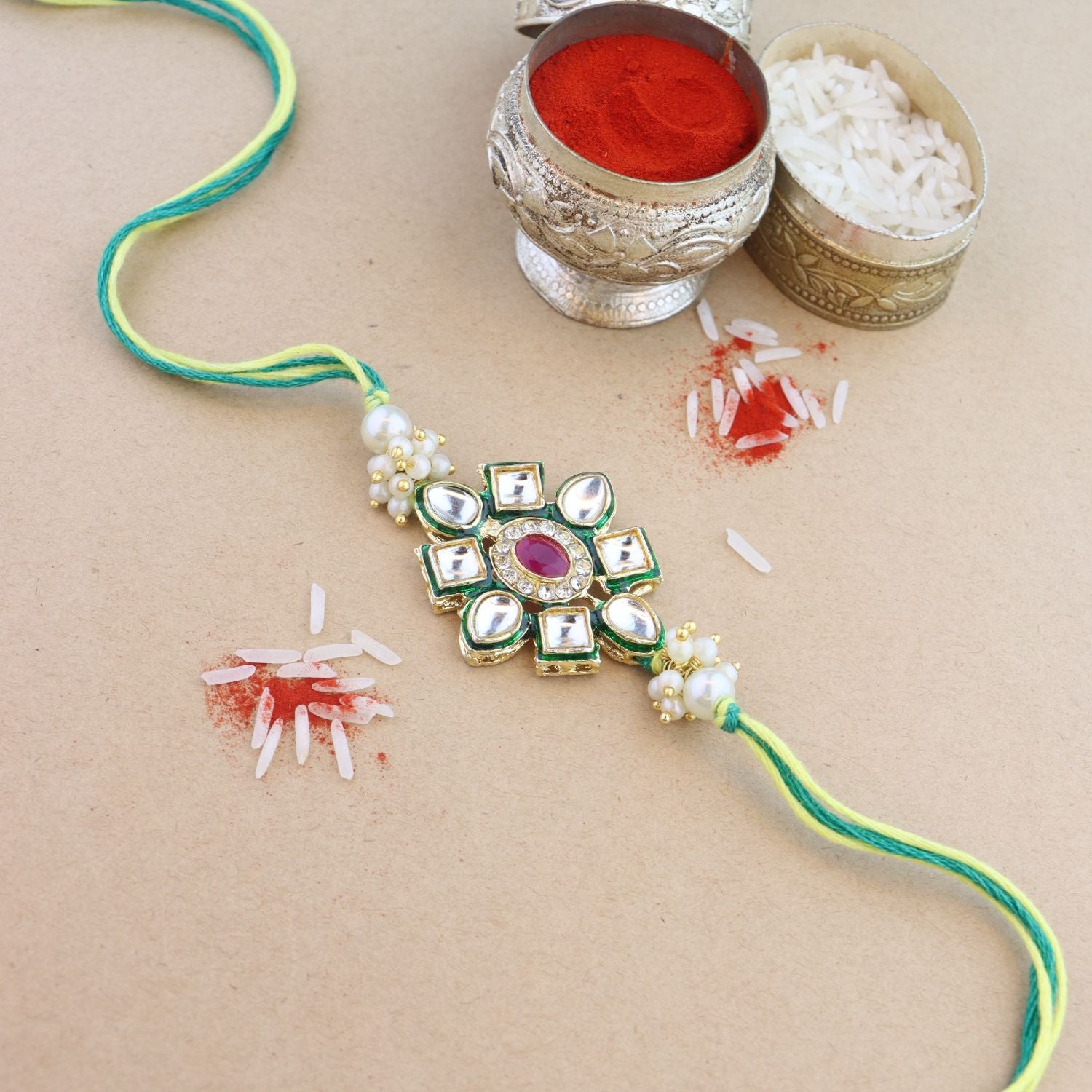 Beautiful Pearl Beads Rakhi with Roli Chawal & Card