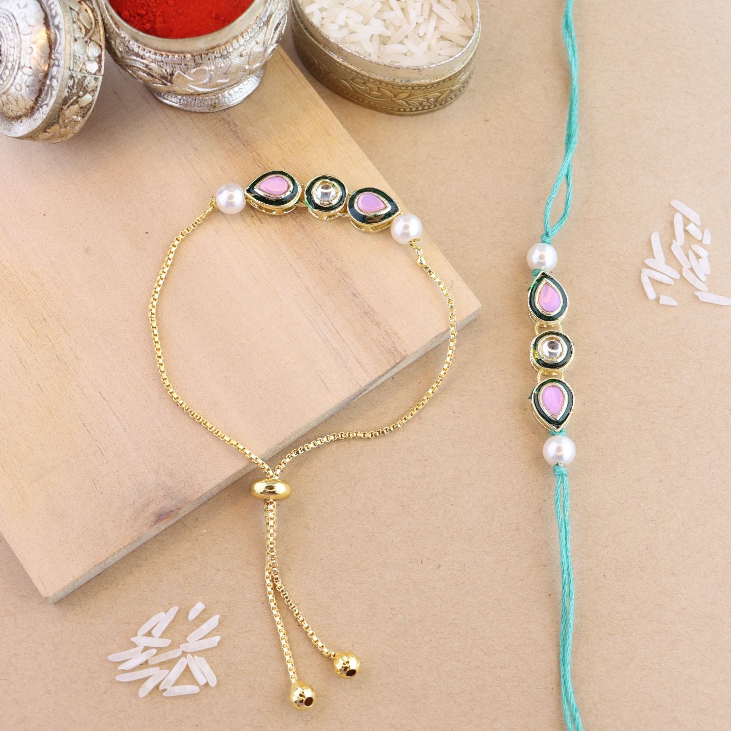 Designer Bhaiya Bhabhi Hanging Lumba & Rakhi Combo Set