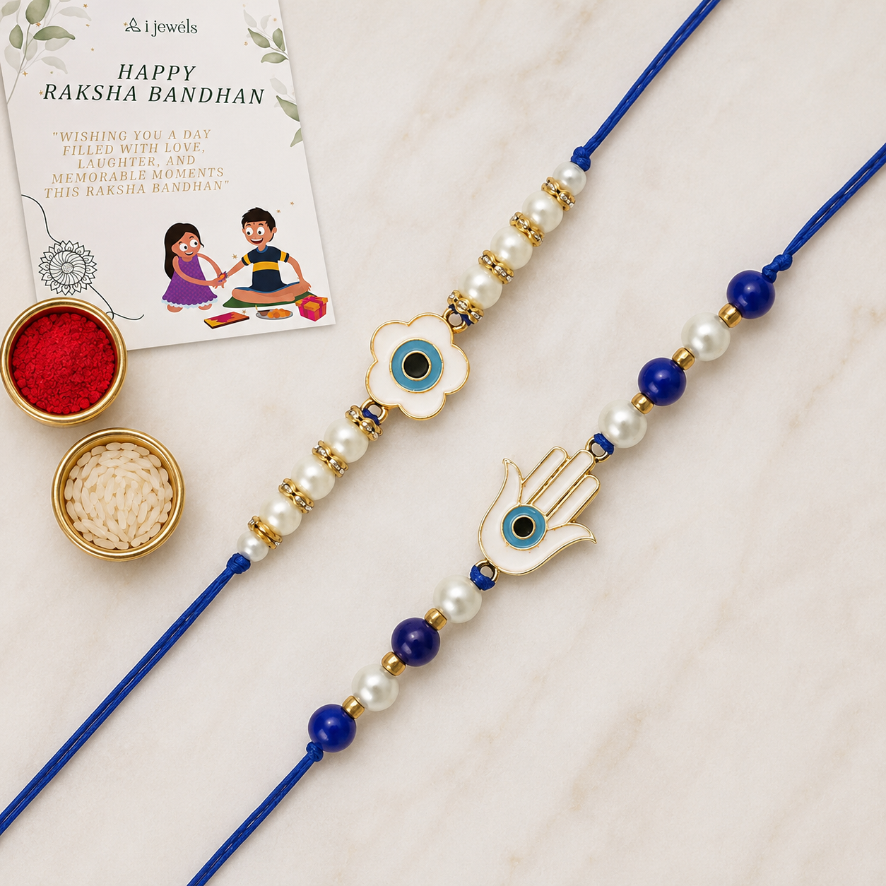 Floral and Hamsa Shape Enamel Bhaiya Rakhi With Roli Chawal & Card (Pack of 2)