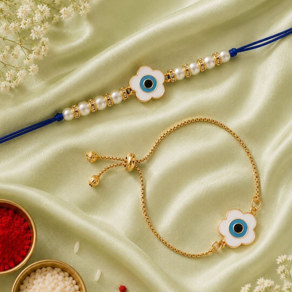 Floral Shape Enamel Bhaiya Bhabhi Lumba Bracelet & Rakhi With Roli Chawal & Card