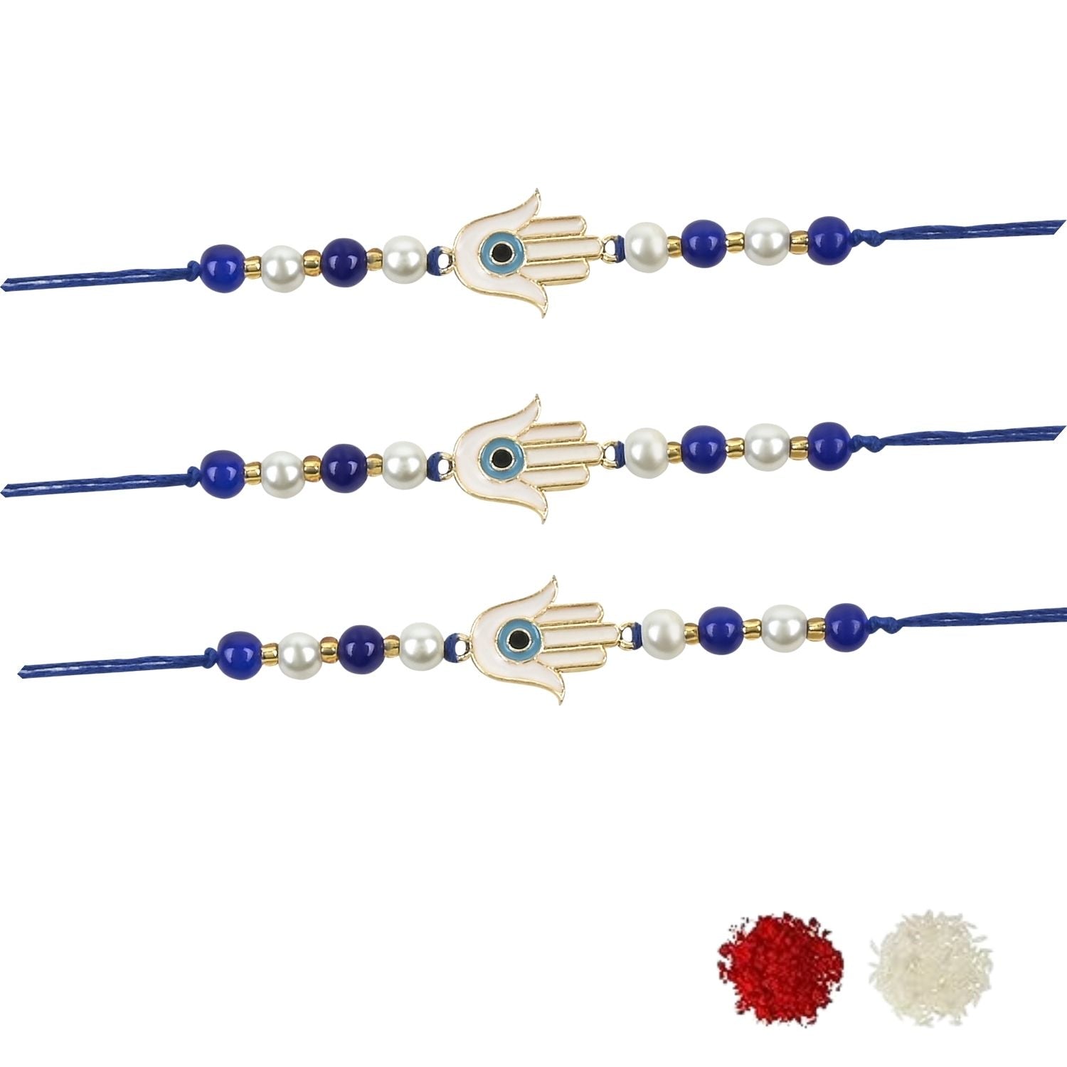 Hamsa Shape Enamel Bhaiya Rakhi With Roli Chawal & Card (Pack of 3)