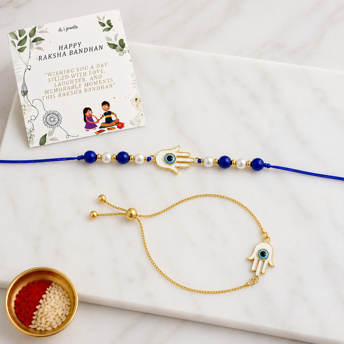 Hamsa Shape Enamel Bhaiya Bhabhi Lumba Bracelet & Rakhi With Roli Chawal & Card
