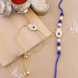 Hamsa Shape Enamel Bhaiya Bhabhi Lumba Bracelet Rakhi With Roli Chawal & Card