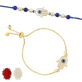 Hamsa Shape Enamel Bhaiya Bhabhi Lumba Bracelet Rakhi With Roli Chawal & Card