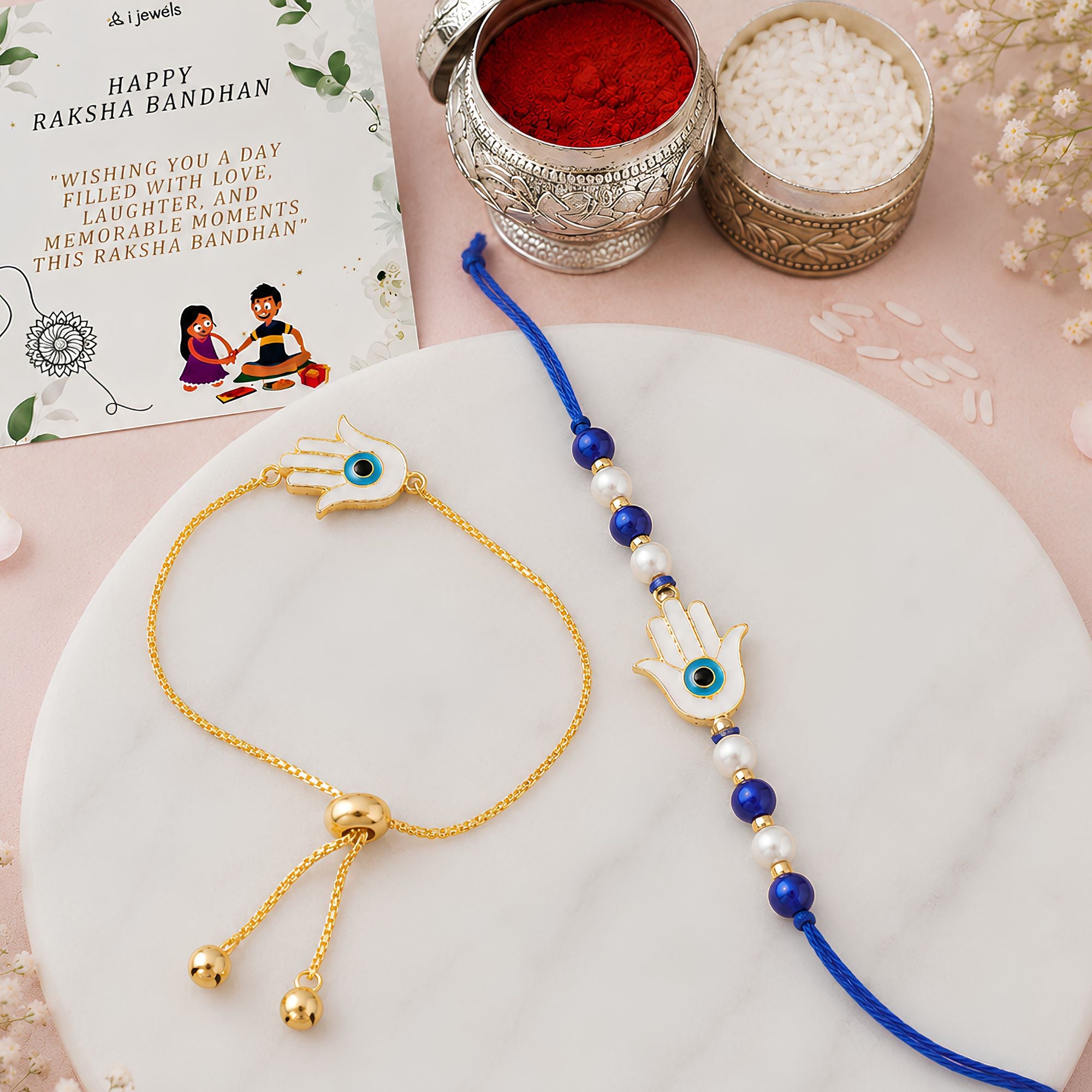 Hamsa Shape Enamel Bhaiya Bhabhi Lumba Bracelet & Rakhi With Roli Chawal & Card