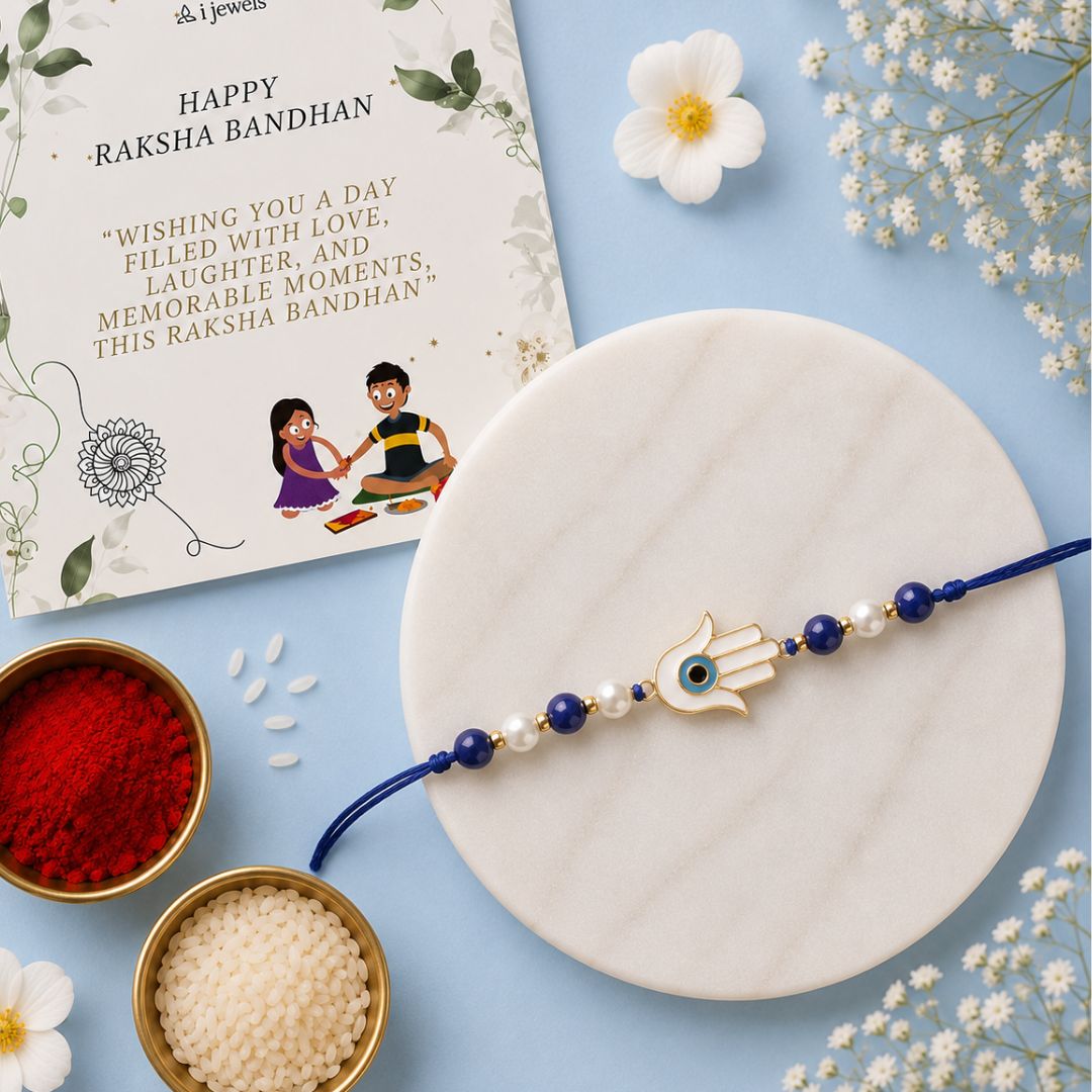 Hamsa Shape Enamel Bhaiya Rakhi With Roli Chawal & Card