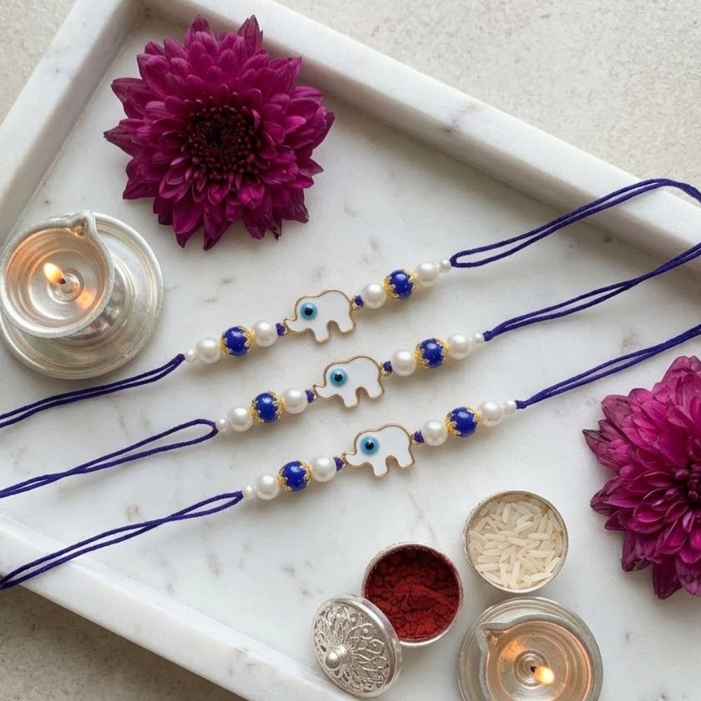 Elephant Shape Enamel Bhaiya Rakhi With Roli Chawal & Card (Pack of 3)
