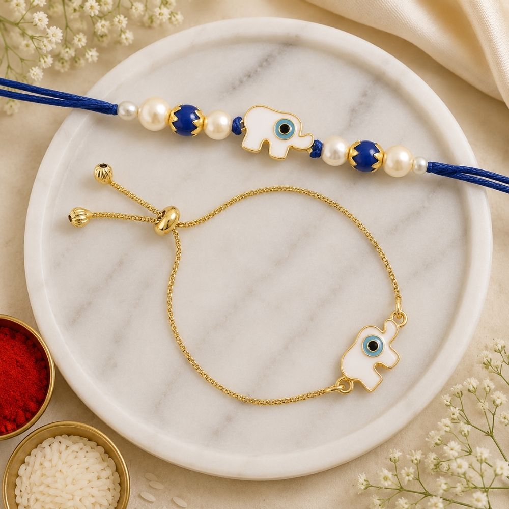 Elephant Shape Enamel Bhaiya Bhabhi Lumba Bracelet &  Rakhi With Roli Chawal & Card