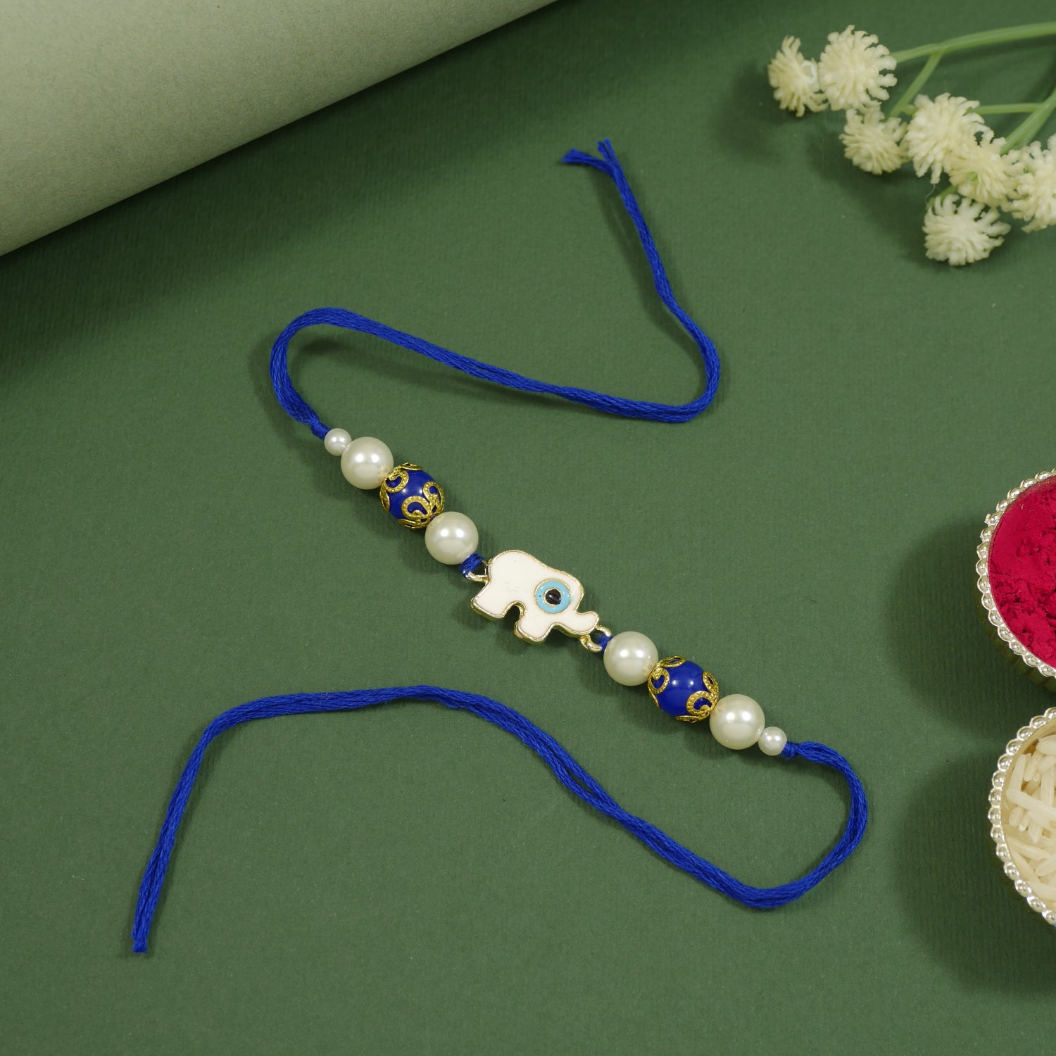 Elegant Bhaiya Bhabhi Wrap Around Lumba Pearl Rakhi With Roli Chawal & Card
