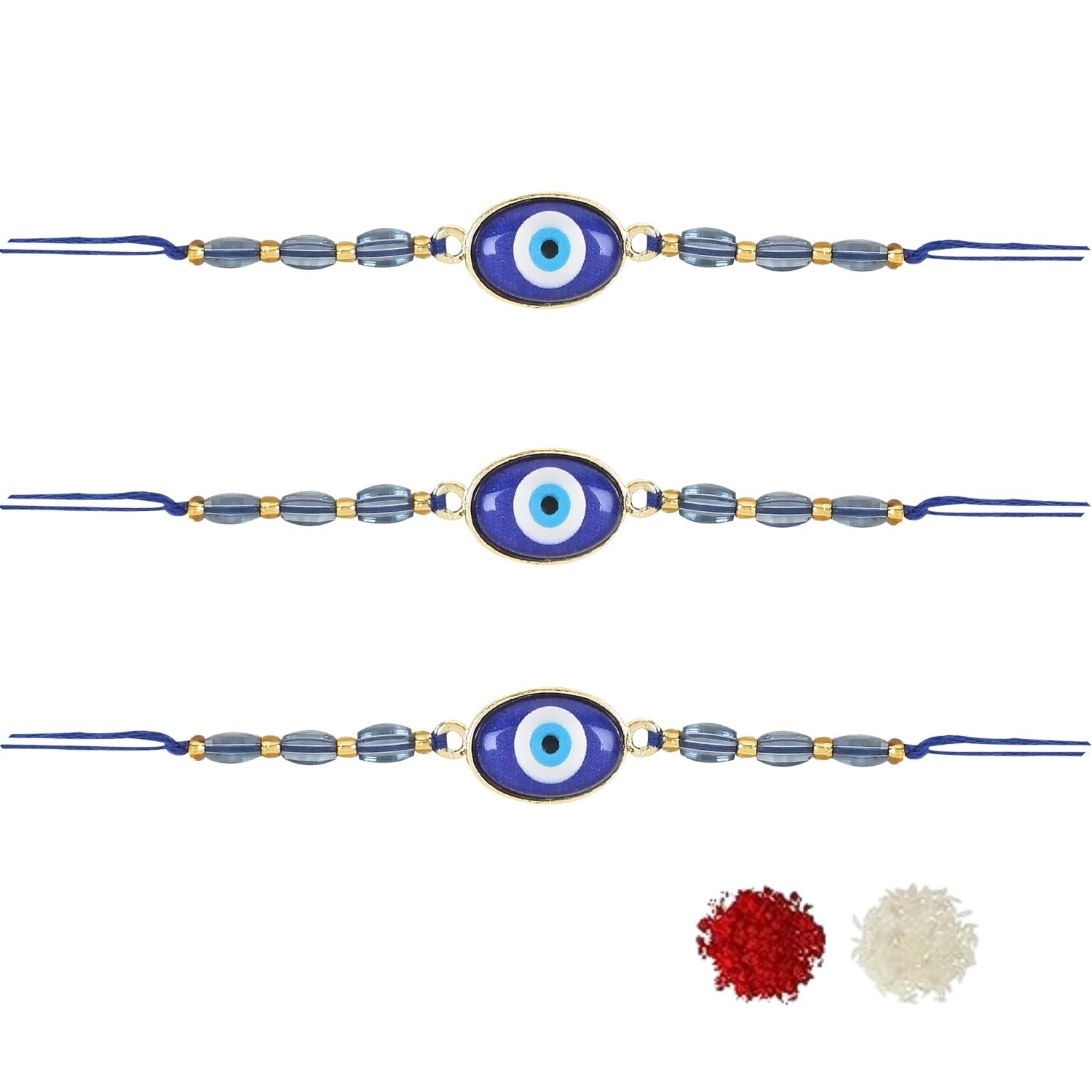 Evil Eye Shape Bhaiya Rakhi With Roli Chawal & Card (Pack of 3)