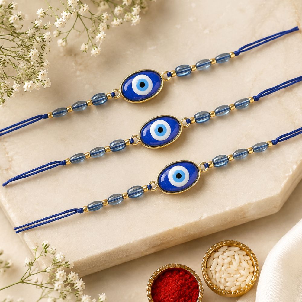 Evil Eye Shape Bhaiya Rakhi With Roli Chawal & Card (Pack of 3)