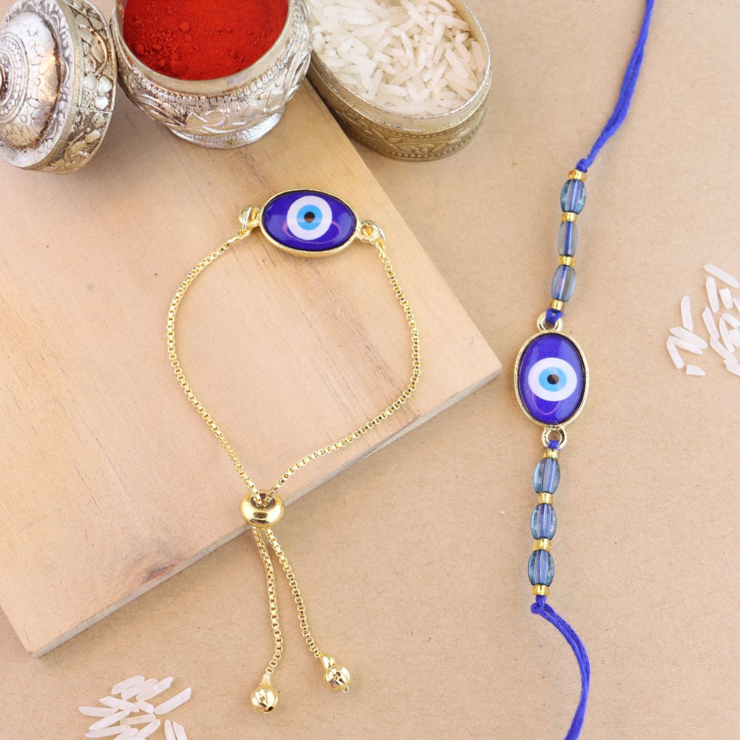 Evil Eye Shape Bhaiya Bhabhi Lumba Bracelet & Rakhi With Roli Chawal & Card