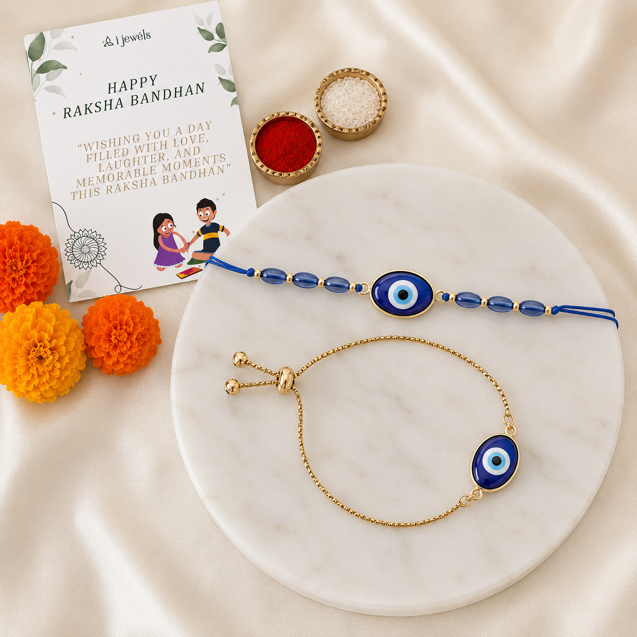 Evil Eye Shape Bhaiya Bhabhi Lumba Bracelet & Rakhi With Roli Chawal & Card