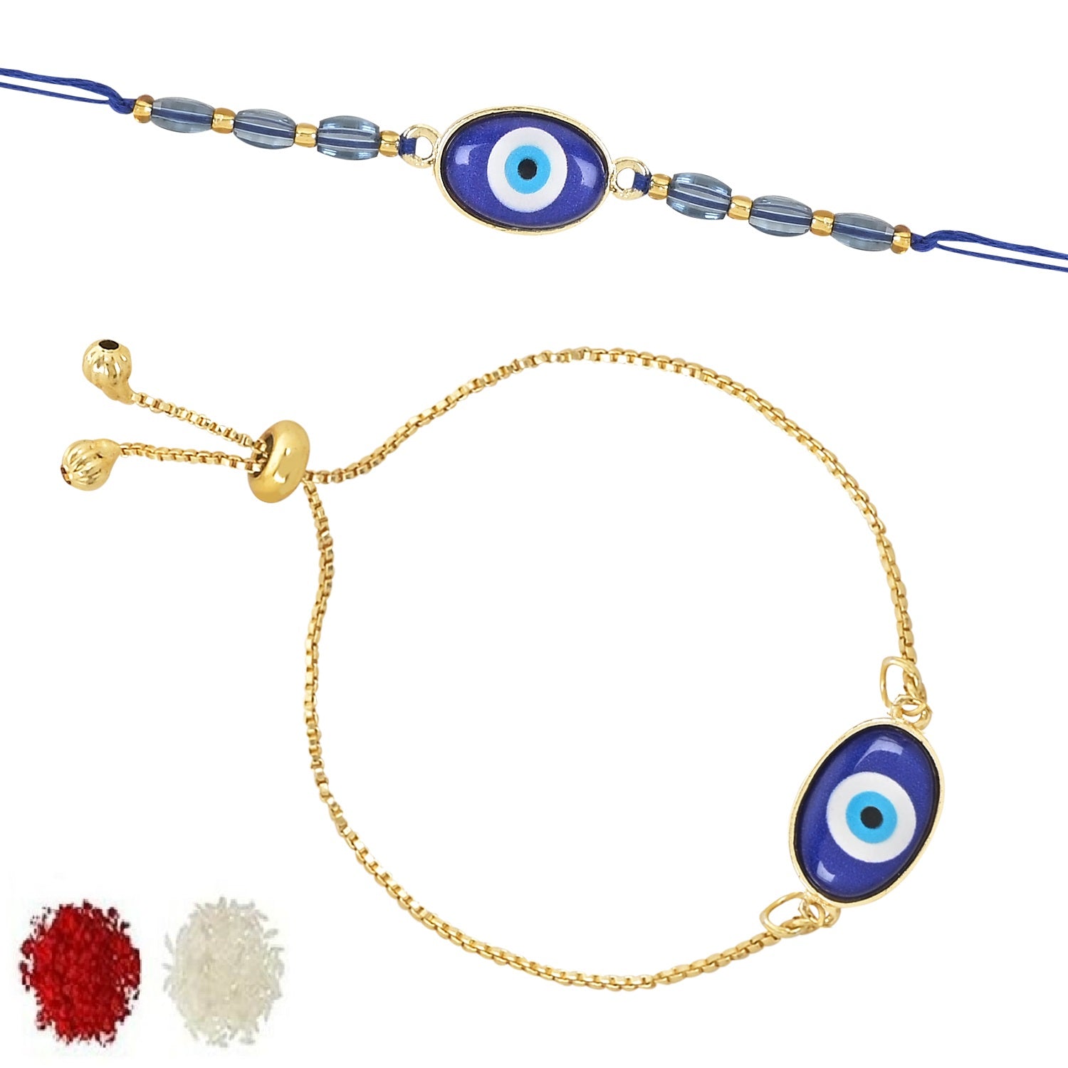 Evil Eye Shape Bhaiya Bhabhi Lumba Bracelet & Rakhi With Roli Chawal & Card