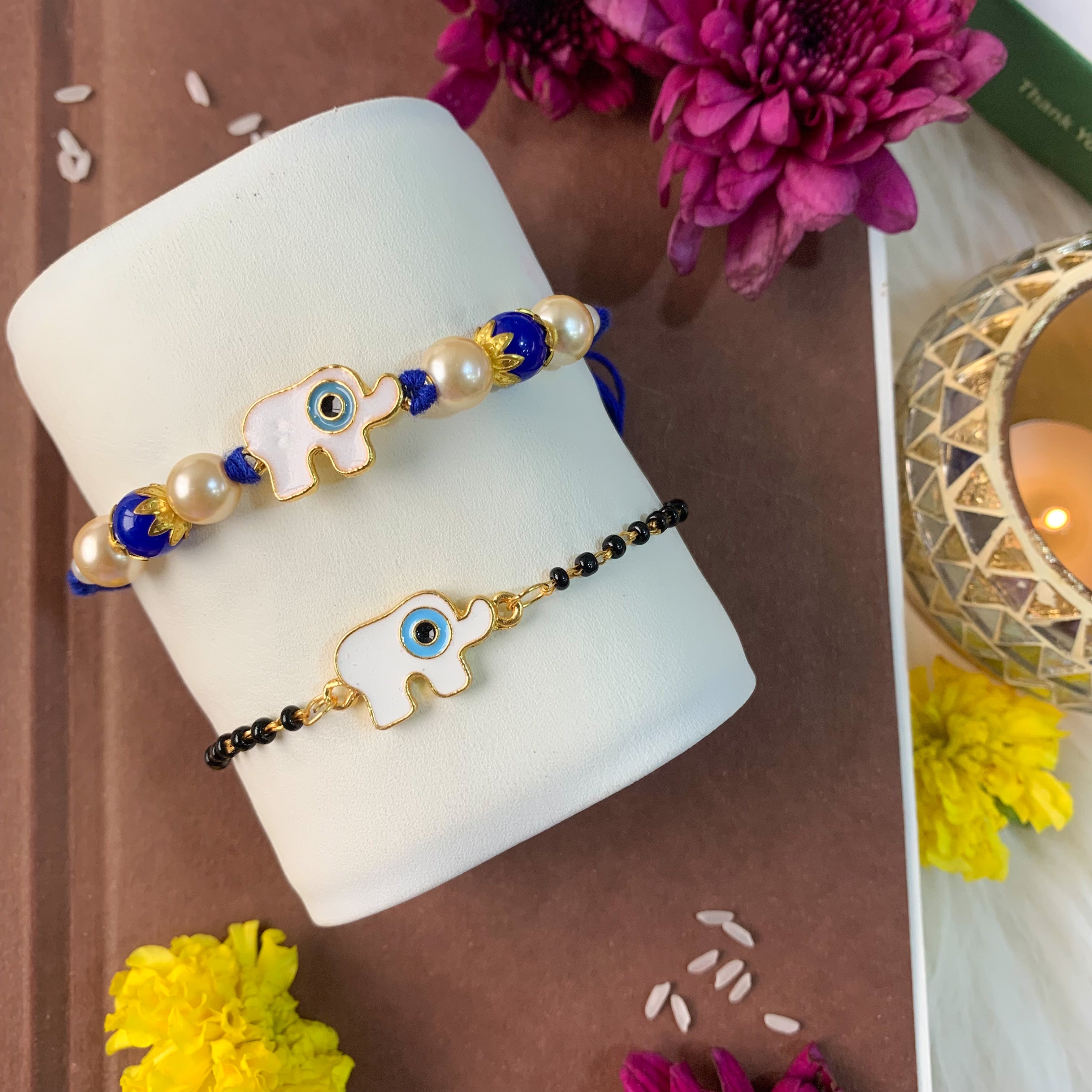 Elephant Shape Enamel Bhaiya Bhabhi Lumba Mangalsutra Bracelet & Rakhi With Roli Chawal & Card