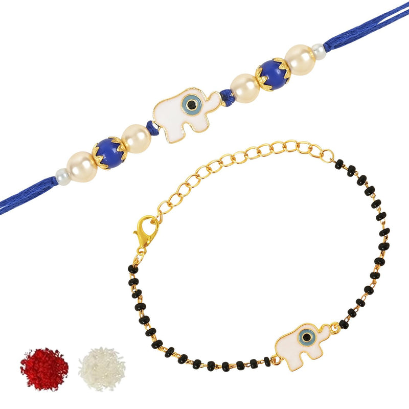 Elephant Shape Enamel Bhaiya Bhabhi Lumba Mangalsutra Bracelet & Rakhi With Roli Chawal & Card