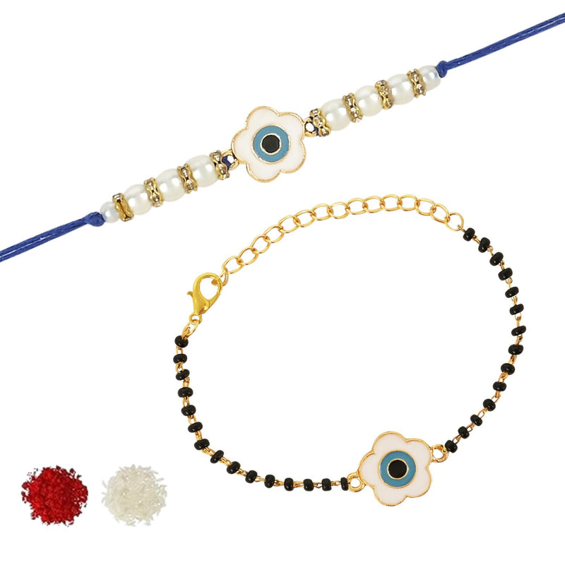 Floral Shape Enamel Bhaiya Bhabhi Lumba Mangalsutra Bracelet Rakhi With Roli Chawal & Card