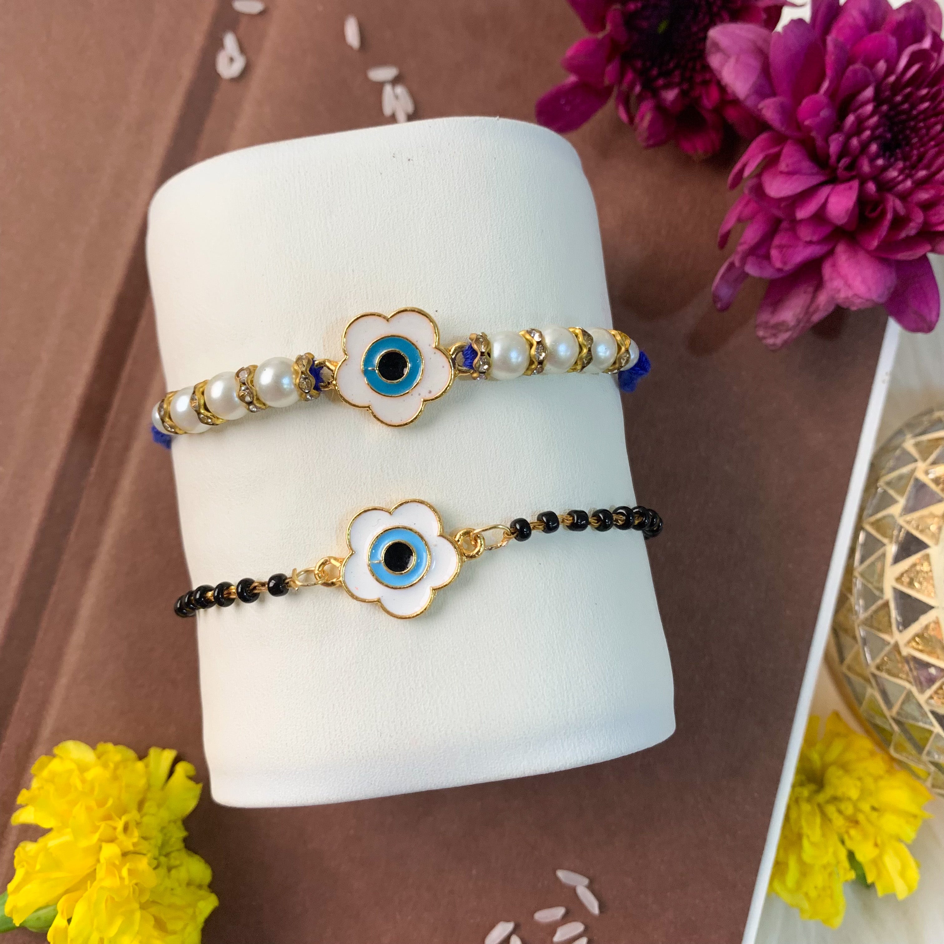 Floral Shape Enamel Bhaiya Bhabhi Lumba Mangalsutra Bracelet & Rakhi With Roli Chawal & Card