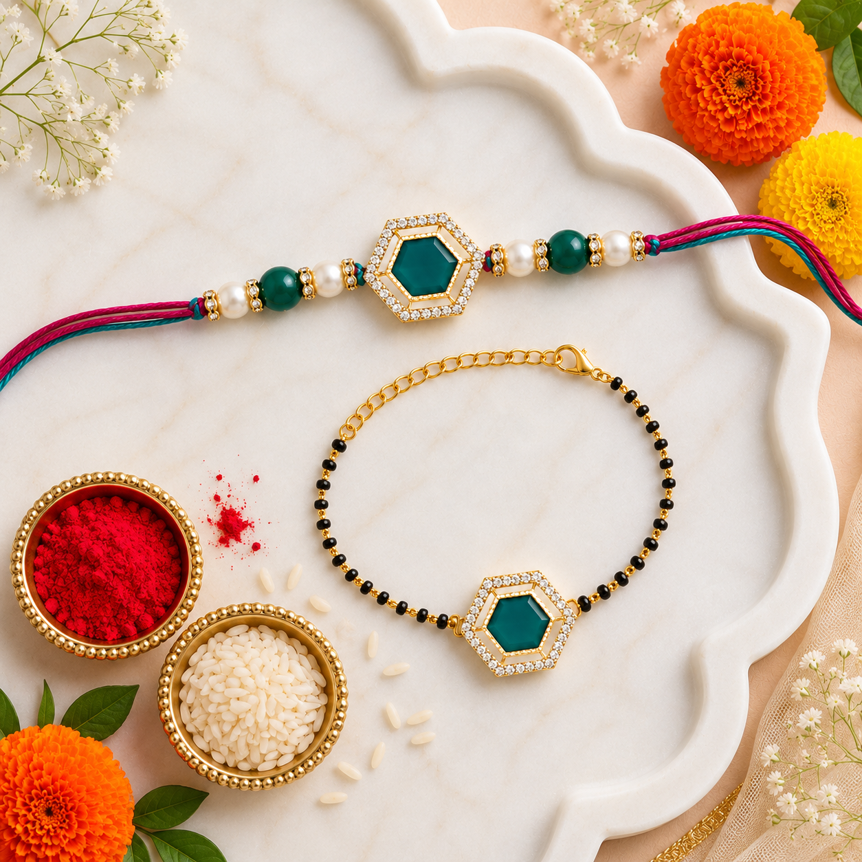 Elegant Bhaiya Bhabhi Pearl Lumba Mangalsutra Bracelet & Rakhi With Roli Chawal & Card