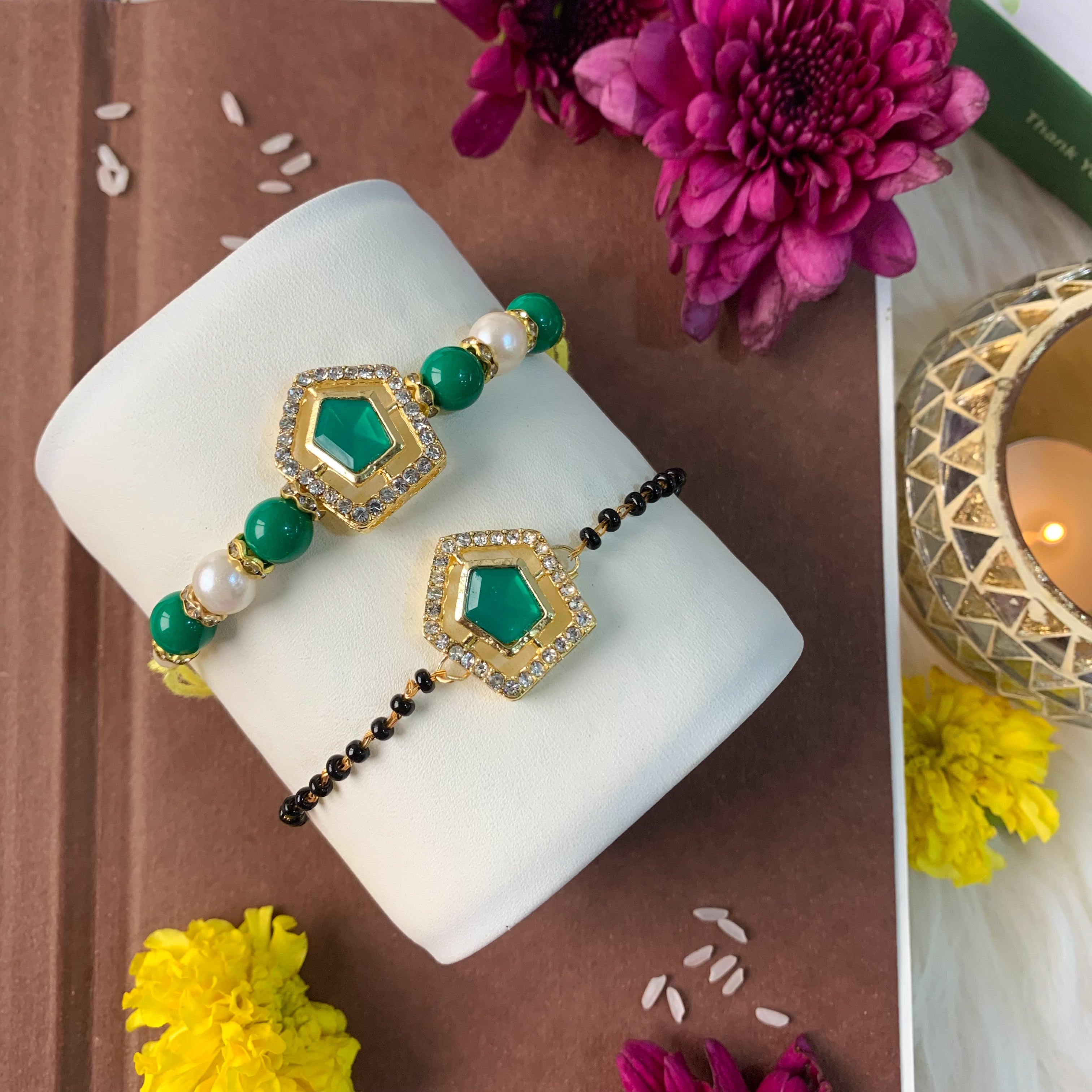 Elegant Bhaiya Bhabhi Pearl Lumba Mangalsutra Bracelet & Rakhi With Roli Chawal & Card