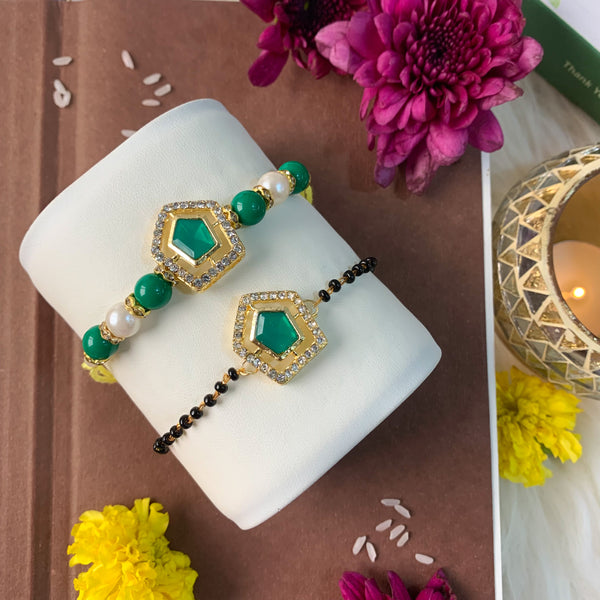 Elegant Bhaiya Bhabhi Pearl Lumba Mangalsutra Bracelet Rakhi With Roli Chawal & Card