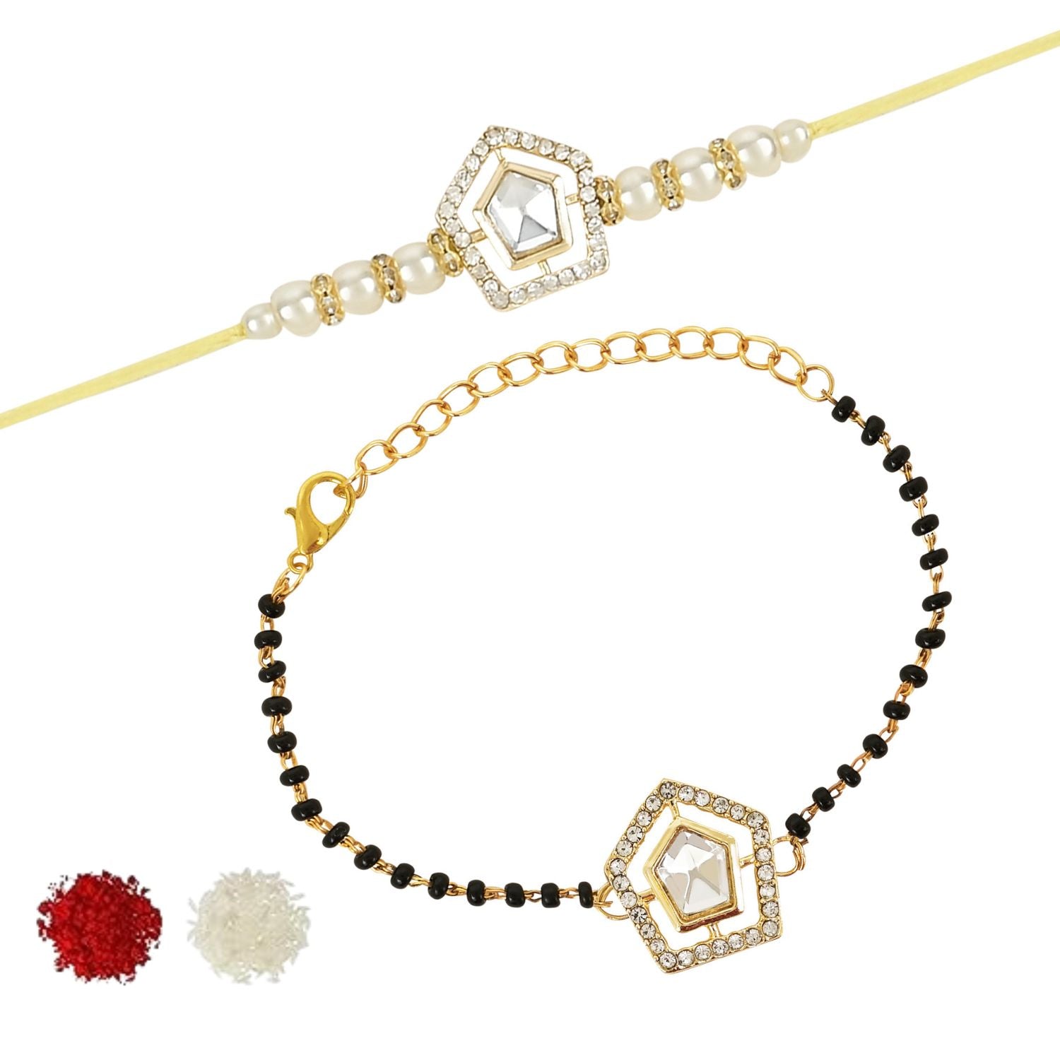 Elegant Bhaiya Bhabhi Pearl Lumba Mangalsutra Bracelet & Rakhi With Roli Chawal & Card