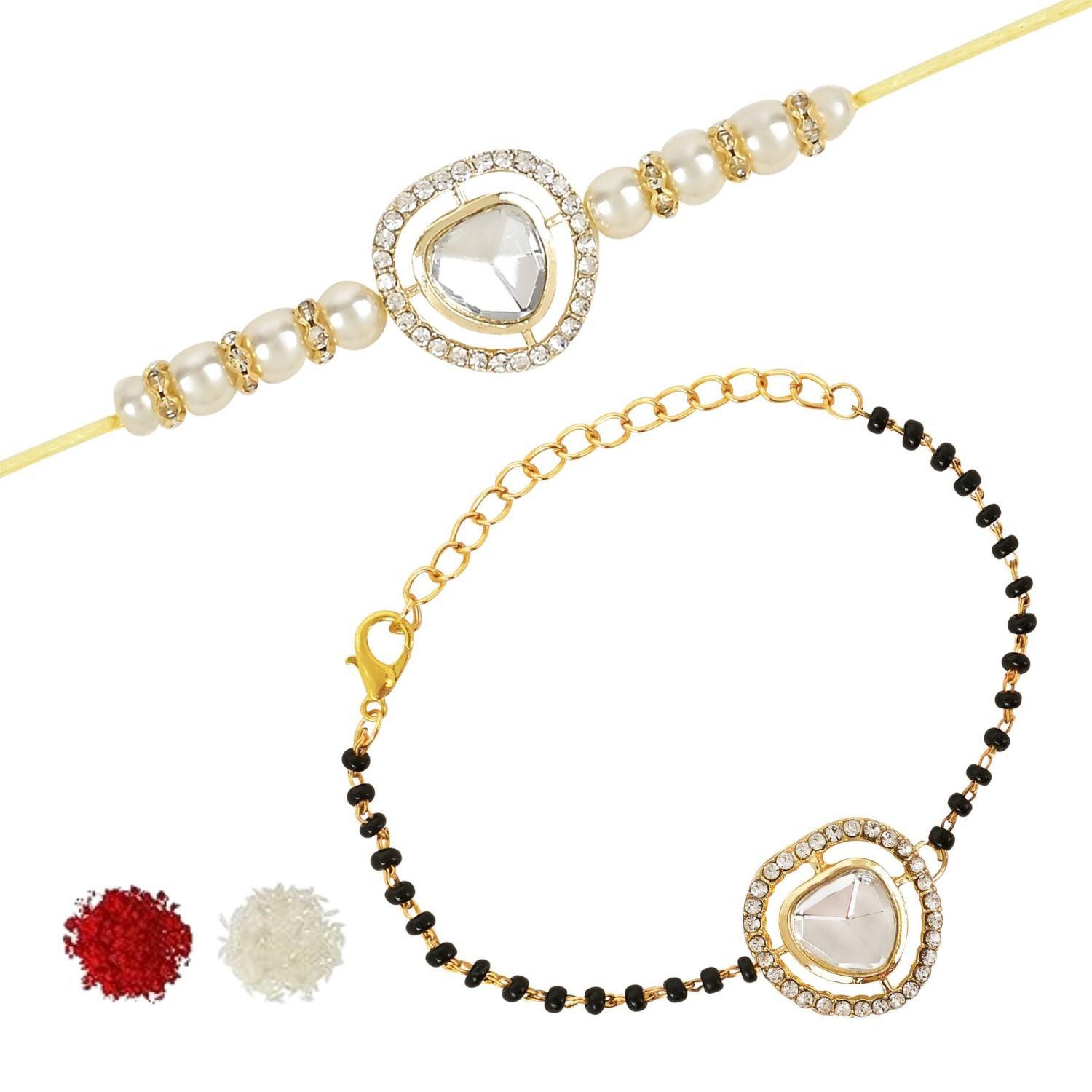 Elegant Bhaiya Bhabhi Pearl Lumba Mangalsutra Bracelet & Rakhi With Roli Chawal & Card