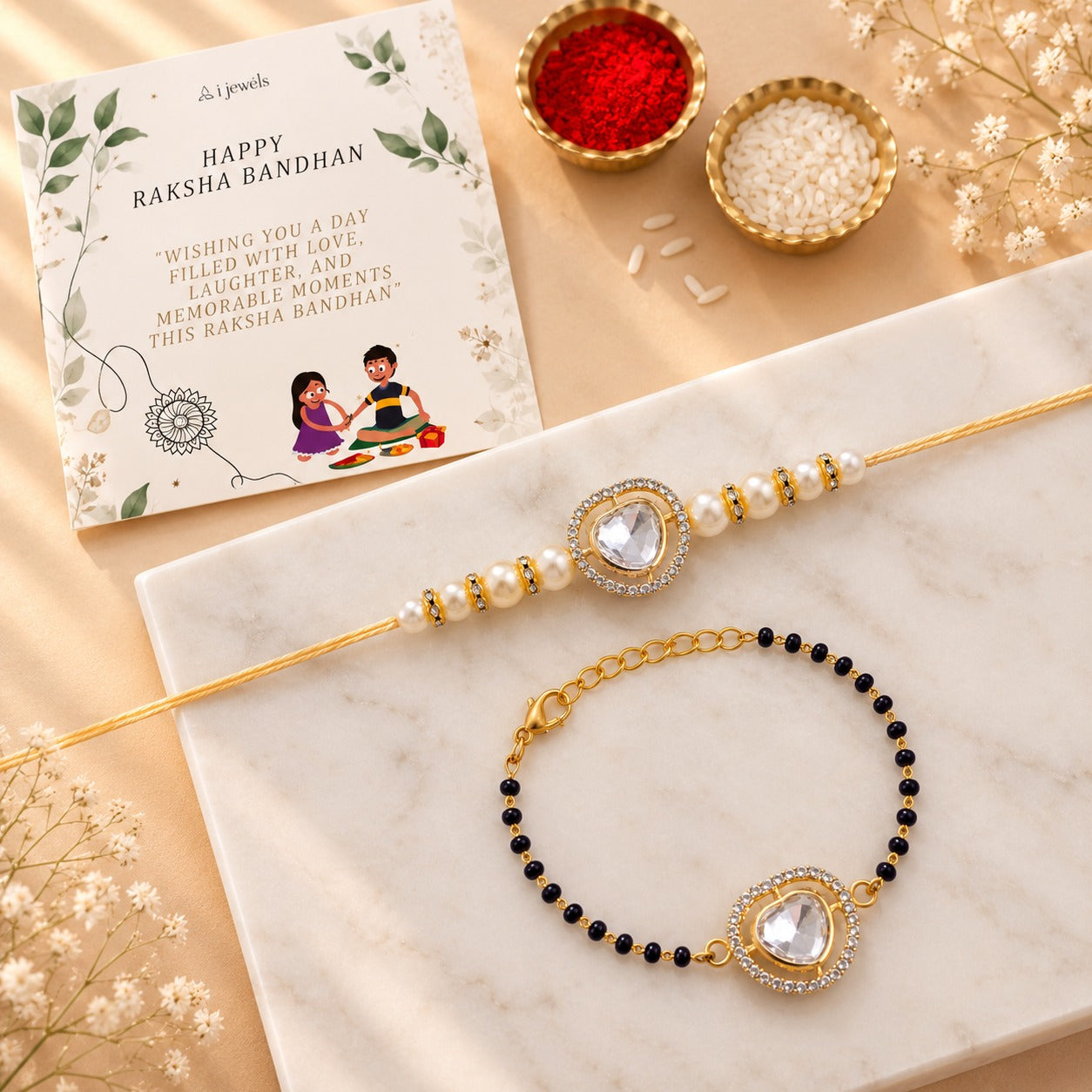 Elegant Bhaiya Bhabhi Pearl Lumba Mangalsutra Bracelet & Rakhi With Roli Chawal & Card