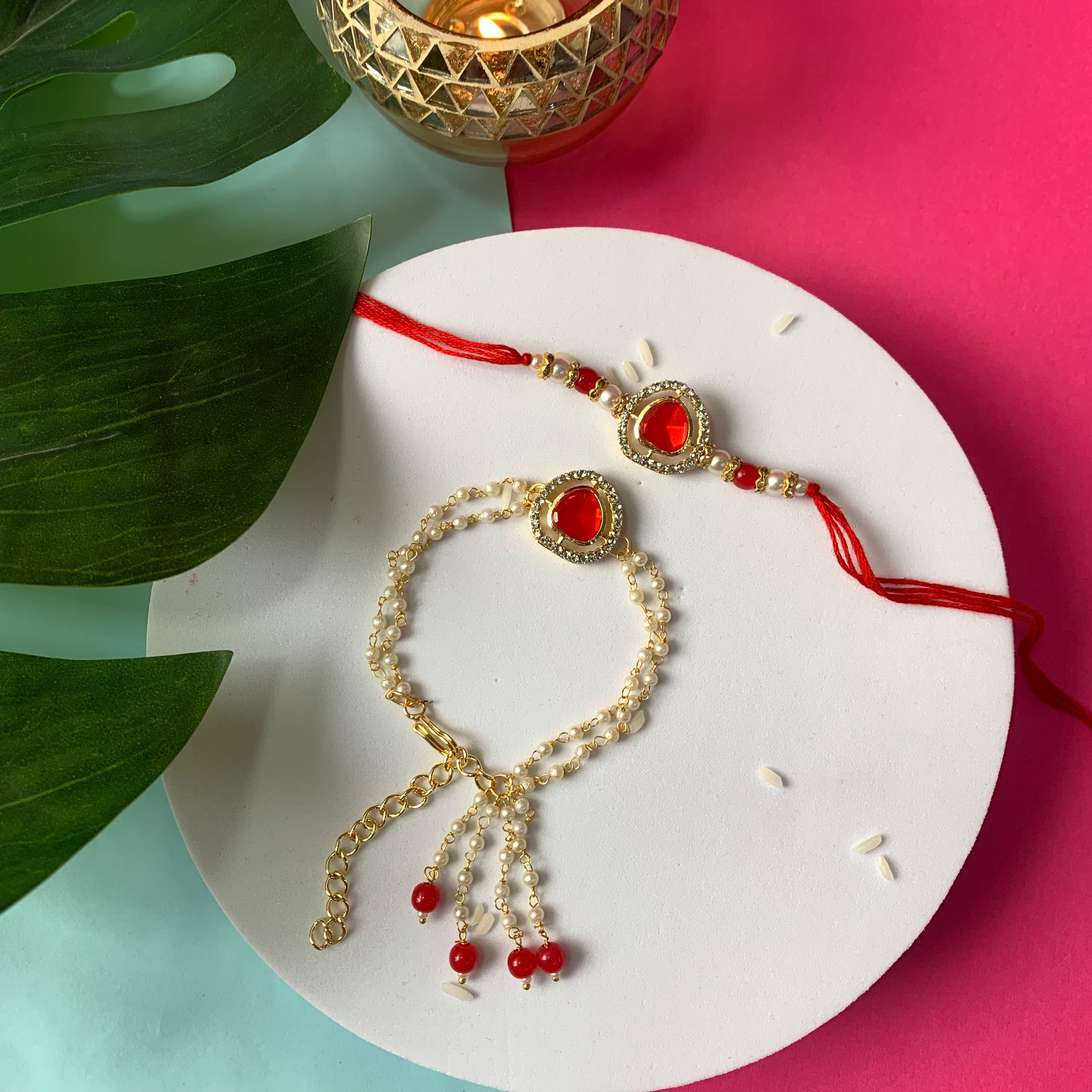 Elegant Bhaiya Bhabhi Lumba & Pearl Rakhi With Roli Chawal & Card