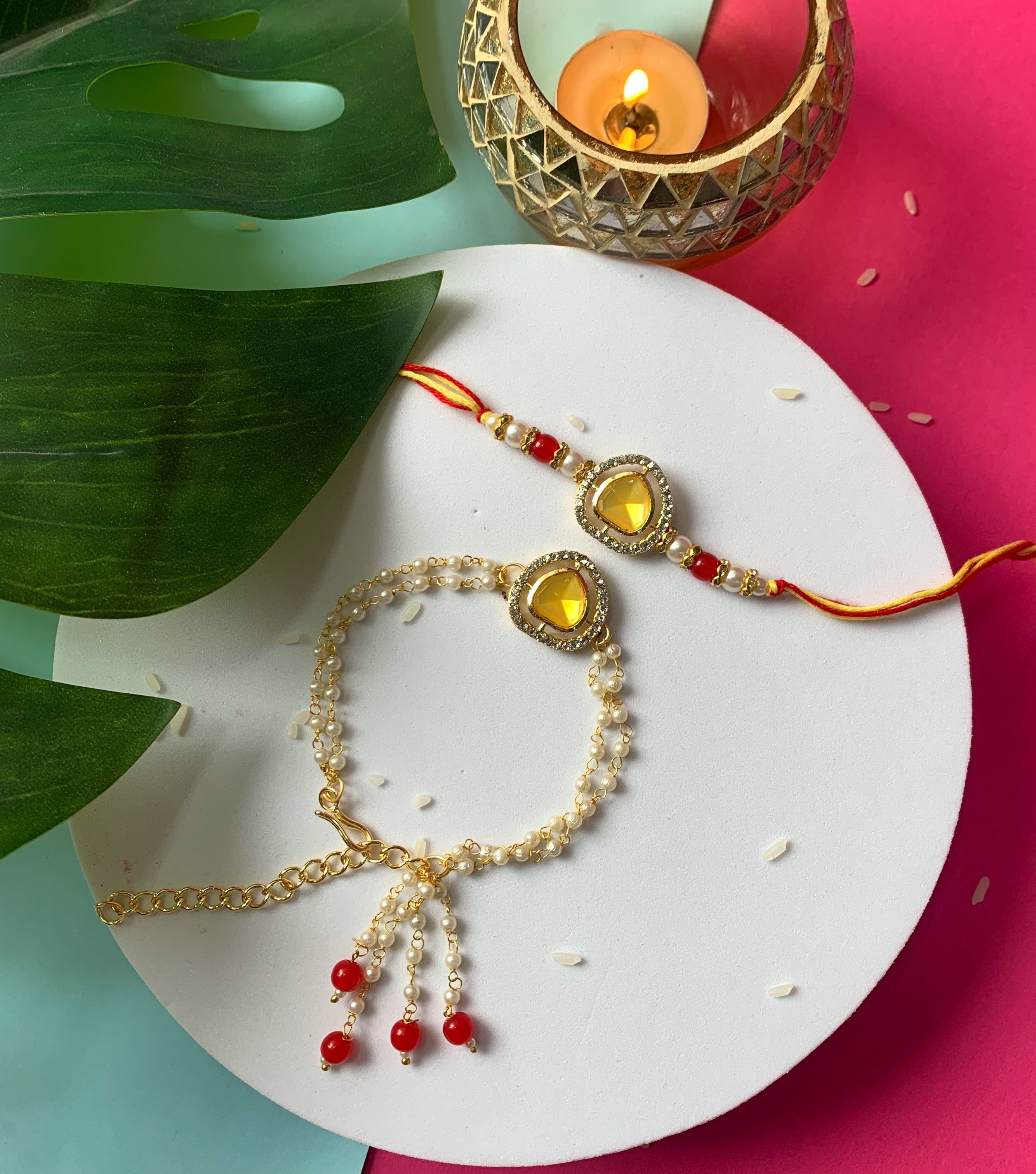 Elegant Bhaiya Bhabhi Lumba & Pearl Rakhi With Roli Chawal & Card