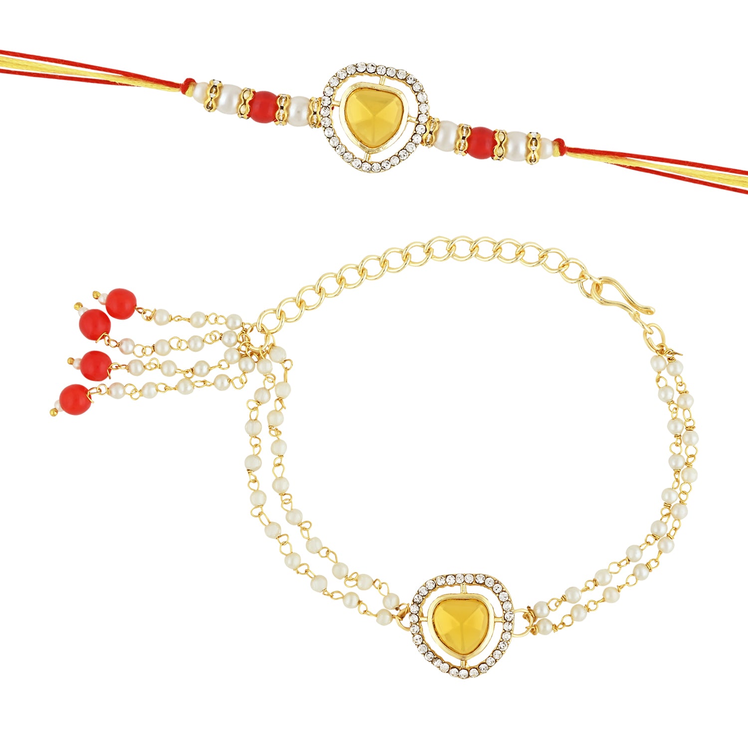 Elegant Bhaiya Bhabhi Lumba & Pearl Rakhi With Roli Chawal & Card