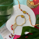 Elegant Bhaiya Bhabhi Lumba Pearl Rakhi With Roli Chawal & Card