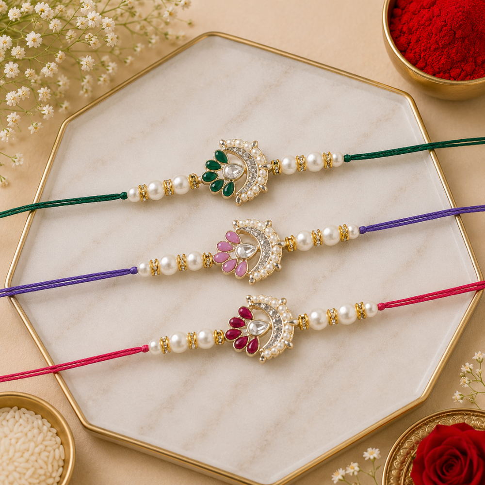 Elegance Kundan & Pearl Beads Rakhi with Roli Chawal & Card (Pack of 3)