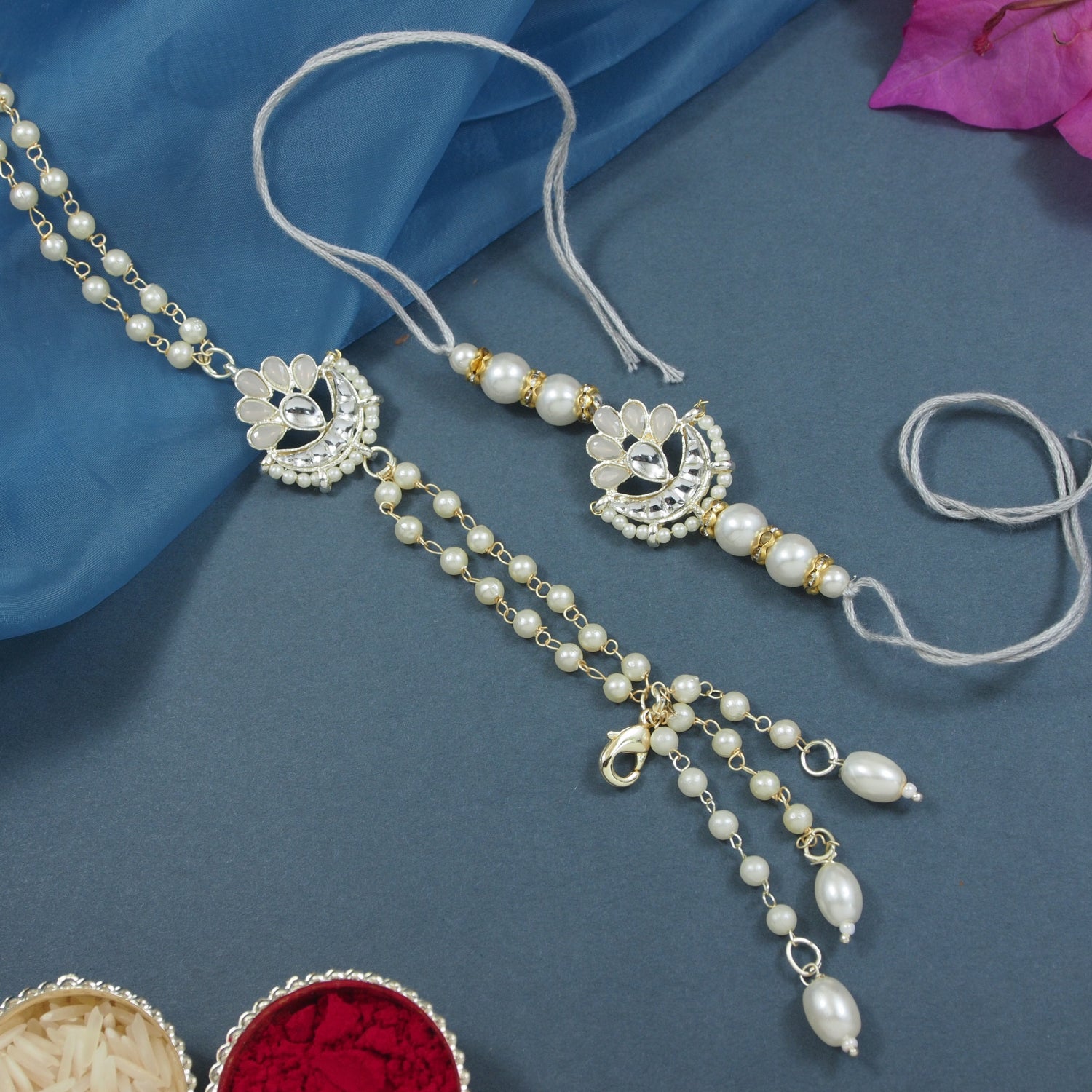 Elegant Bhaiya Bhabhi Lumba Pearl Grey Rakhi With Roli Chawal &Card