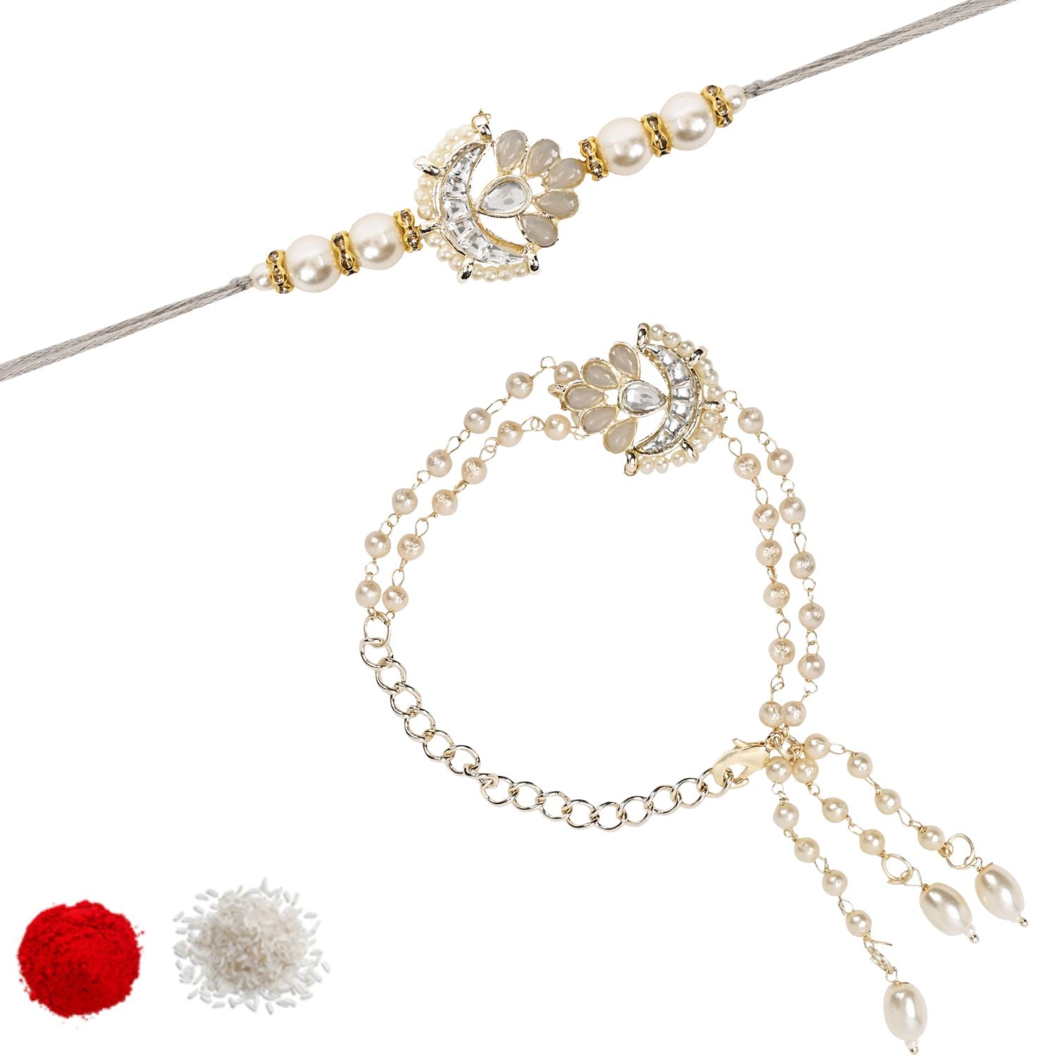 Elegant Bhaiya Bhabhi Lumba Pearl Grey Rakhi With Roli Chawal &Card