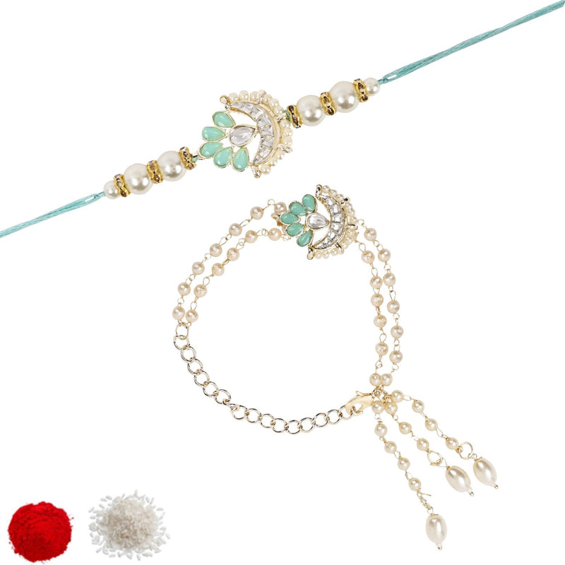 Elegant Bhaiya Bhabhi Lumba Pearl Mint Rakhi With Roli Chawal &Card