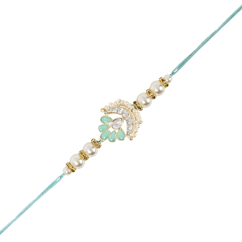 Elegant Bhaiya Bhabhi Lumba Pearl Mint Rakhi With Roli Chawal &Card