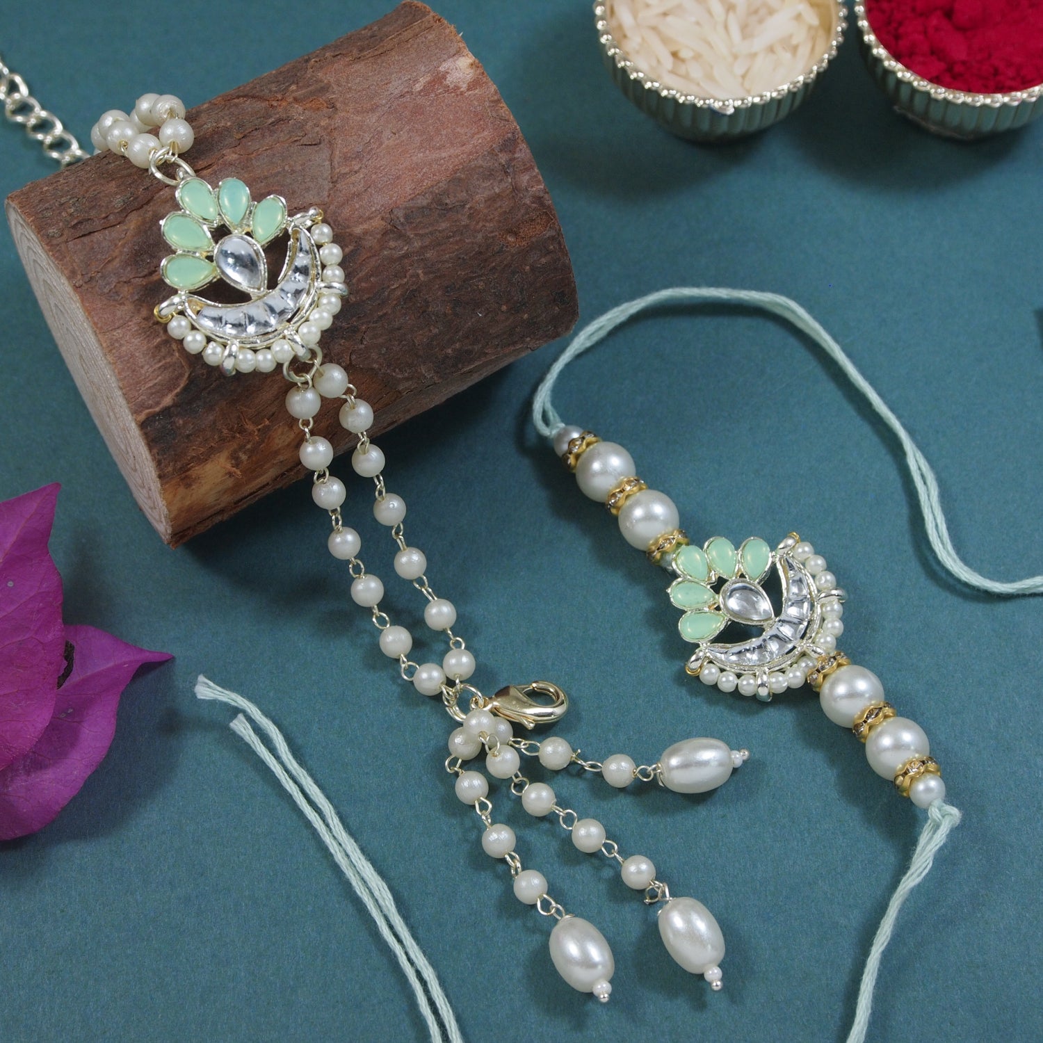 Elegant Bhaiya Bhabhi Lumba Pearl Mint Rakhi With Roli Chawal &Card