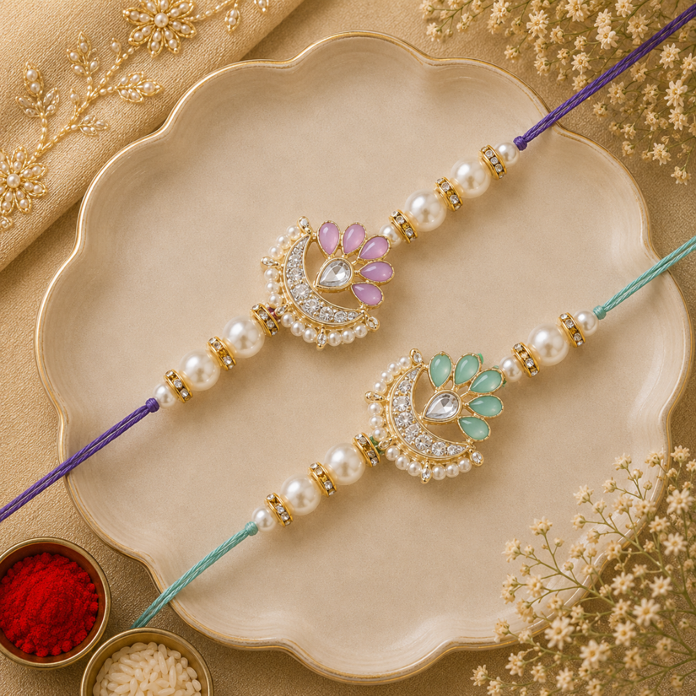 Elegance Kundan & Pearl Beads Rakhi with Roli Chawal & Card (Pack of 2)