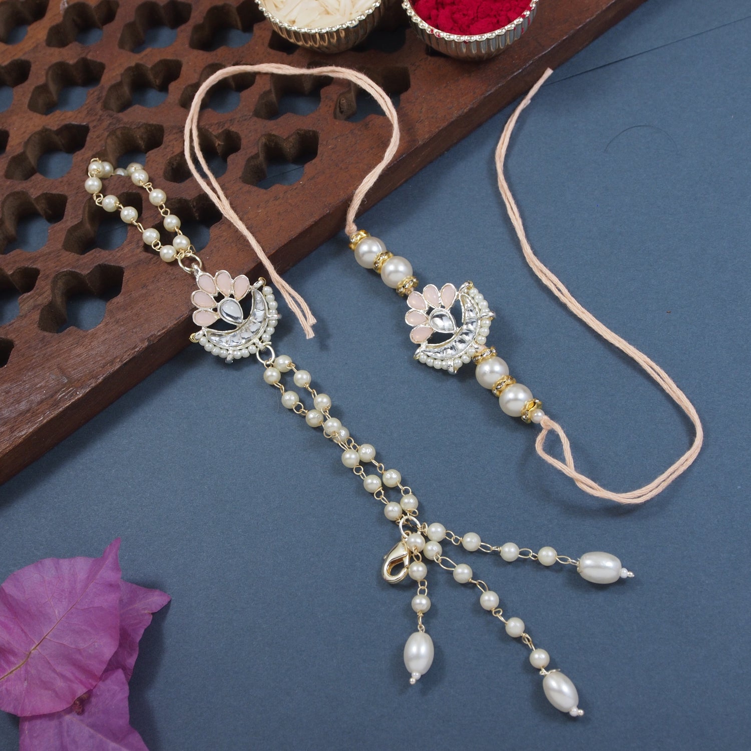 Elegant Bhaiya Bhabhi Lumba Pearl Peach Rakhi With Roli Chawal &Card