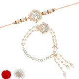 Elegant Bhaiya Bhabhi Lumba Pearl Peach Rakhi With Roli Chawal &Card