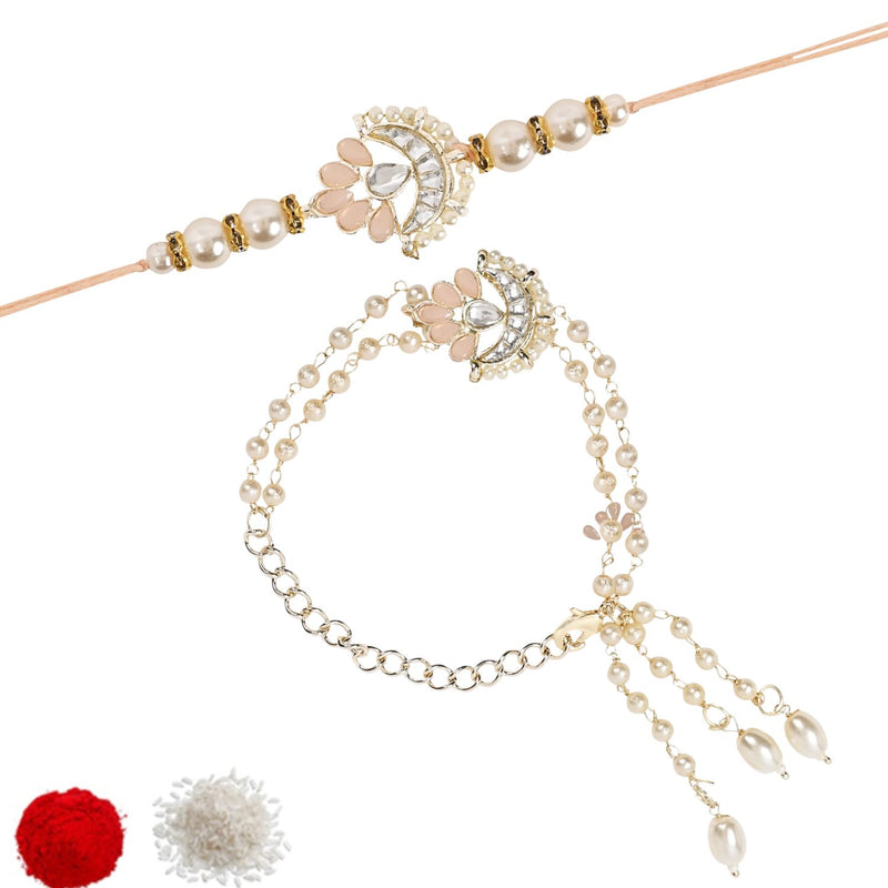 Elegant Bhaiya Bhabhi Lumba Pearl Peach Rakhi With Roli Chawal &Card