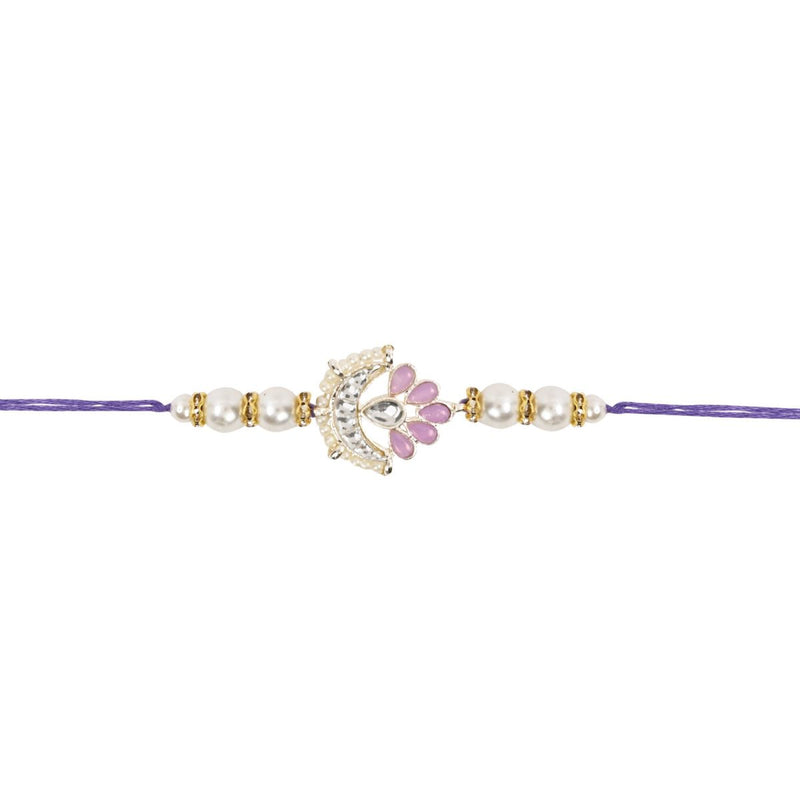 Delicate Pearl Beads Purple Rakhi with Roli Chawal & Rakshabandhan Card