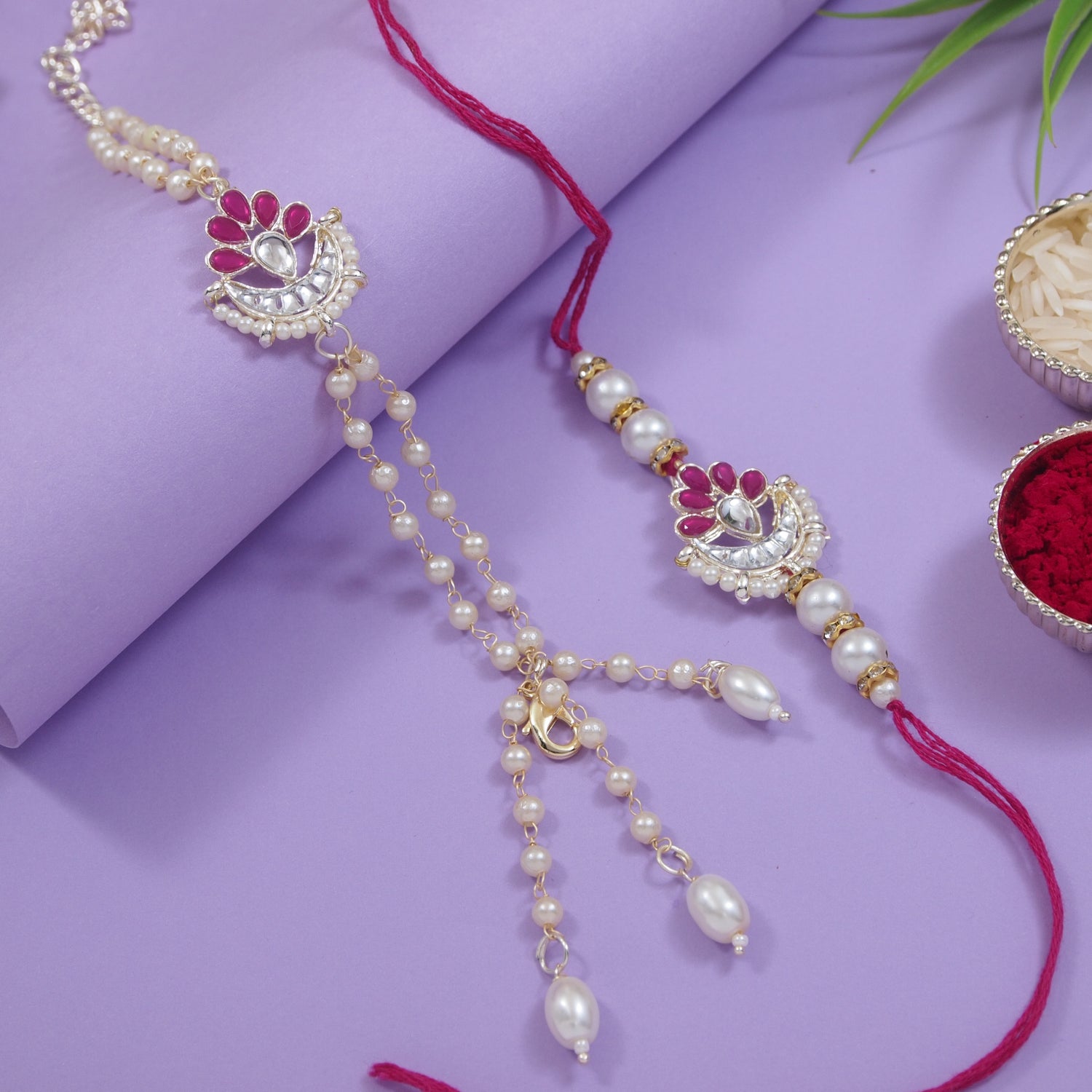 Elegant Bhaiya Bhabhi Lumba Pearl Pink Rakhi With Roli Chawal &Card