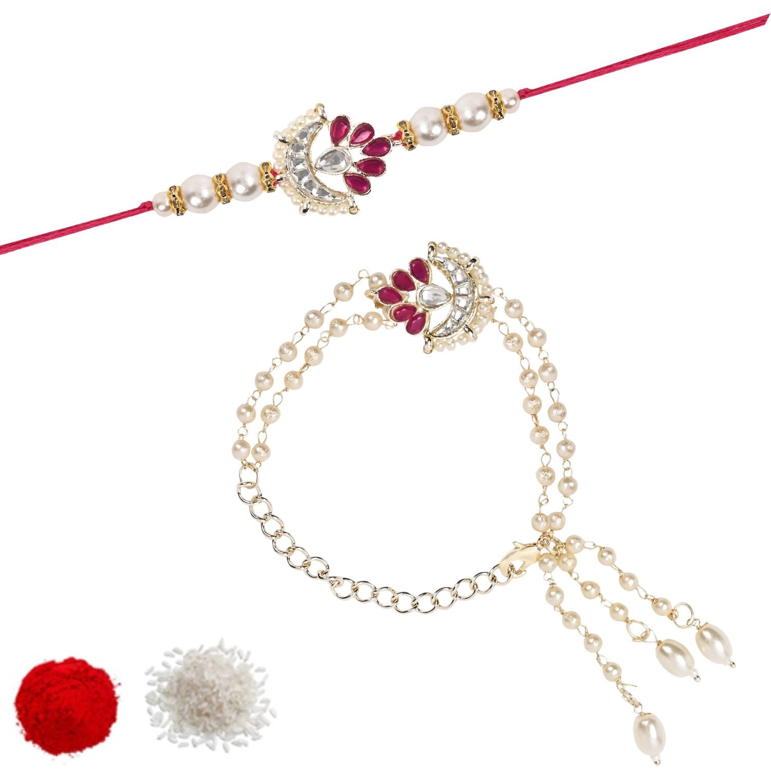 Elegant Bhaiya Bhabhi Lumba Pearl Pink Rakhi With Roli Chawal &Card