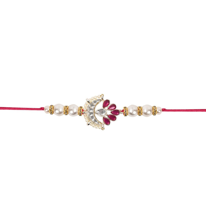 Delicate Pearl Beads Pink Rakhi with Roli Chawal & Rakshabandhan Card
