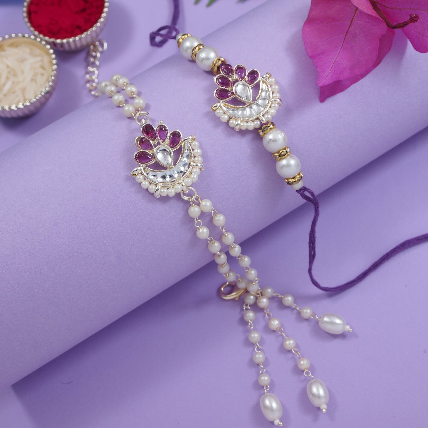 Elegant Bhaiya Bhabhi Lumba Pearl Wine & Rakhi With Roli Chawal &Card